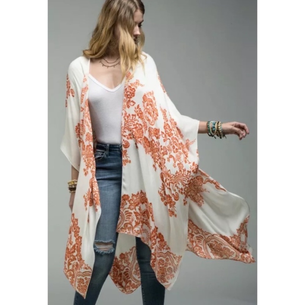 SOLD OUT Rust Damask Floral Print Sheer Kimono Coverup Wrap - Picture 1 of 4